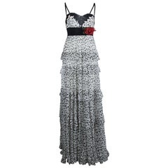Used Elie Saab White Lace Detail Polka Dotted Tiered Sleeveless Gown M