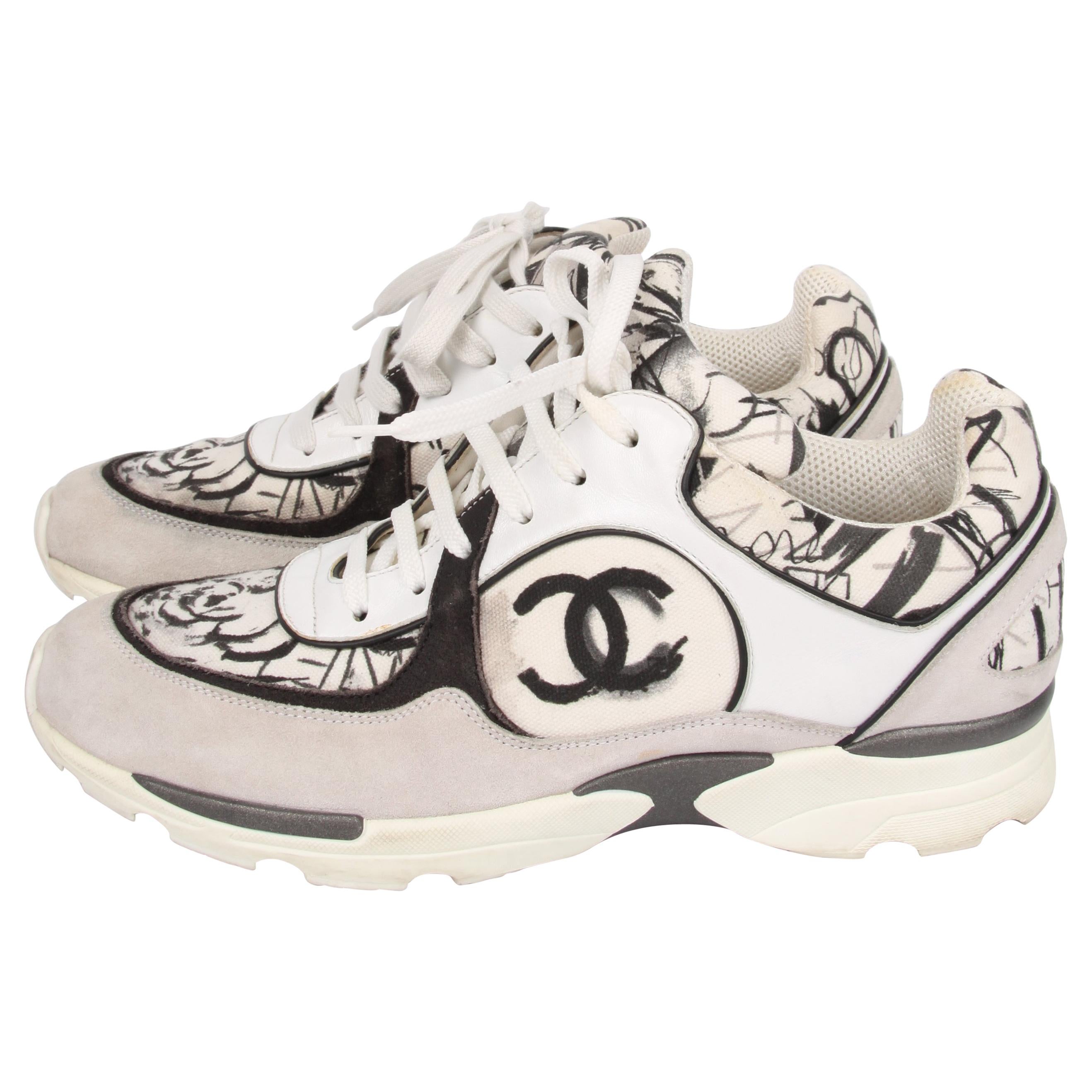 Chanel CC Graffiti Runway Sneakers Trainers - black & white
