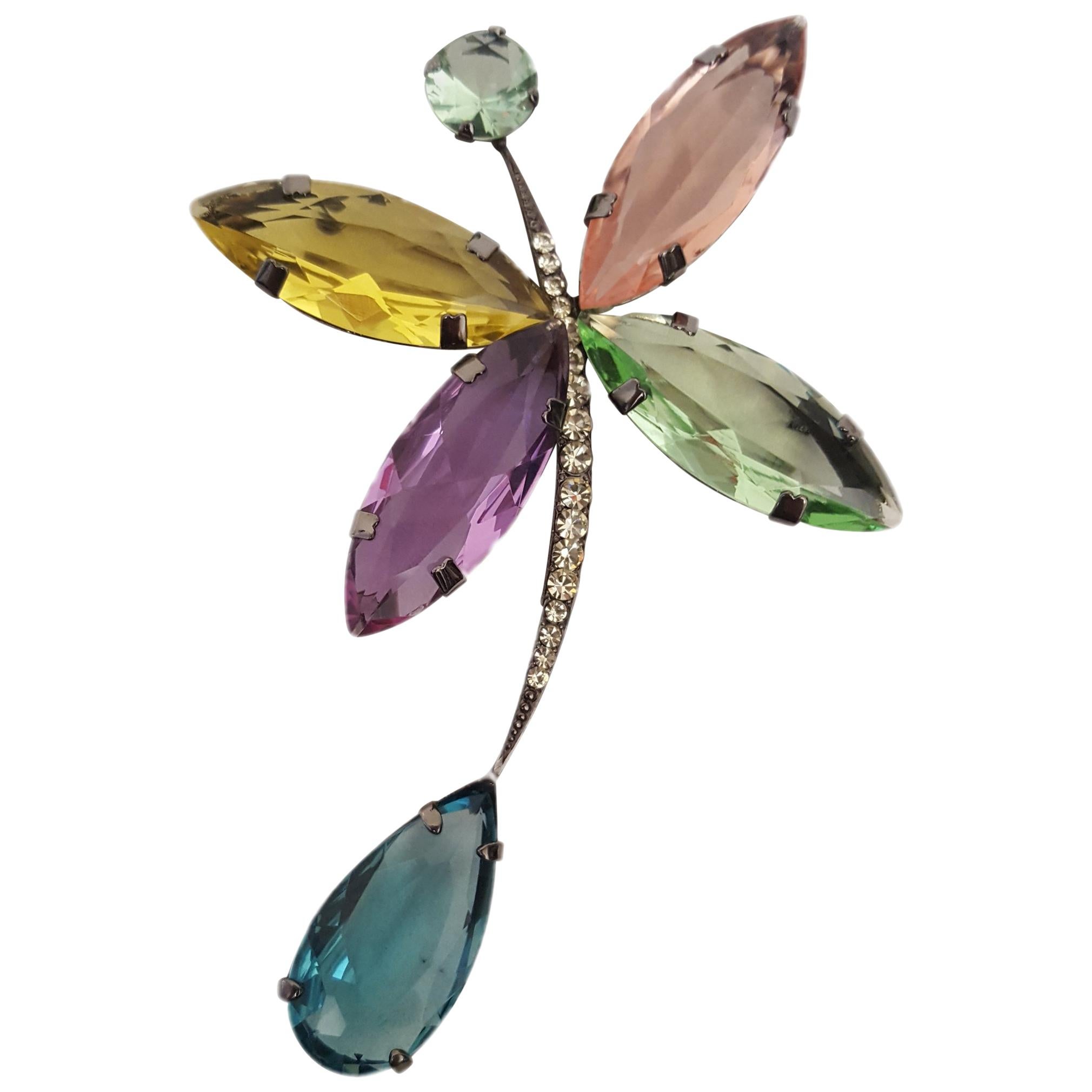 Giorgio Armani Stylized Butterfly Glass Stones and Rhinestones Art Deco Brooch For Sale