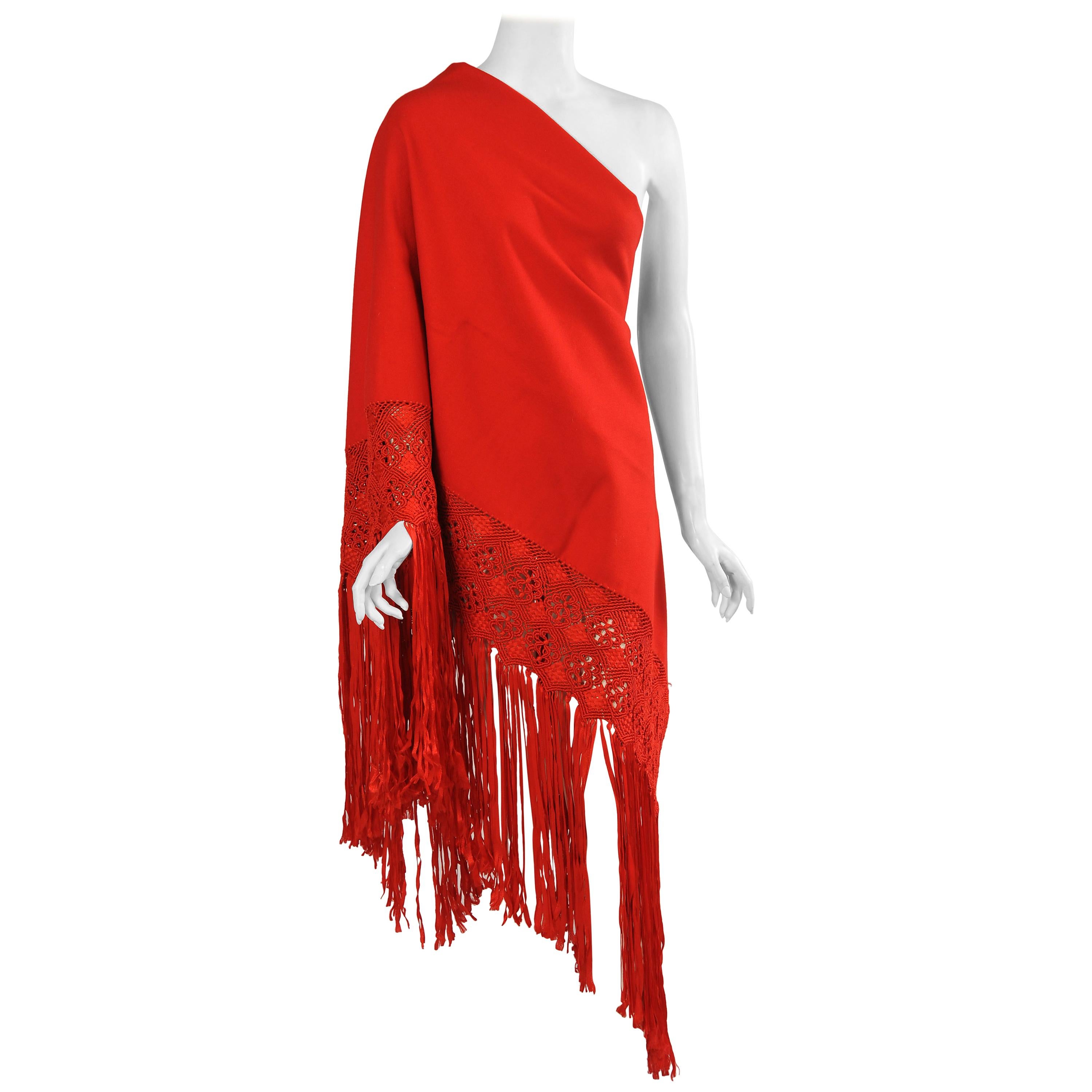 Stunning Red Wool Crepe Shawl with Elaborate Silk Macrame Fringe