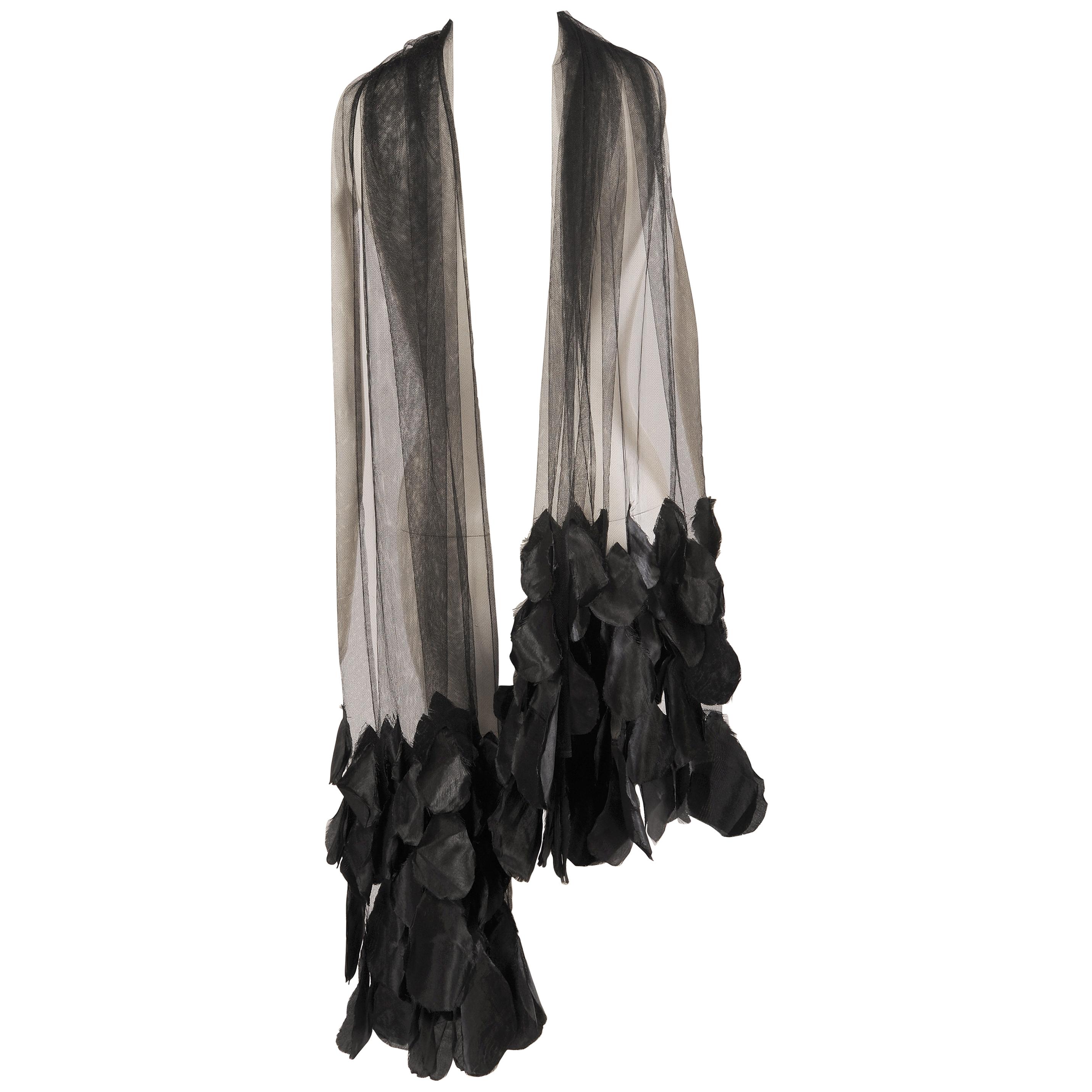 1930's Black Tulle Shawl Wrap with Appliqued Black Flower Petals
