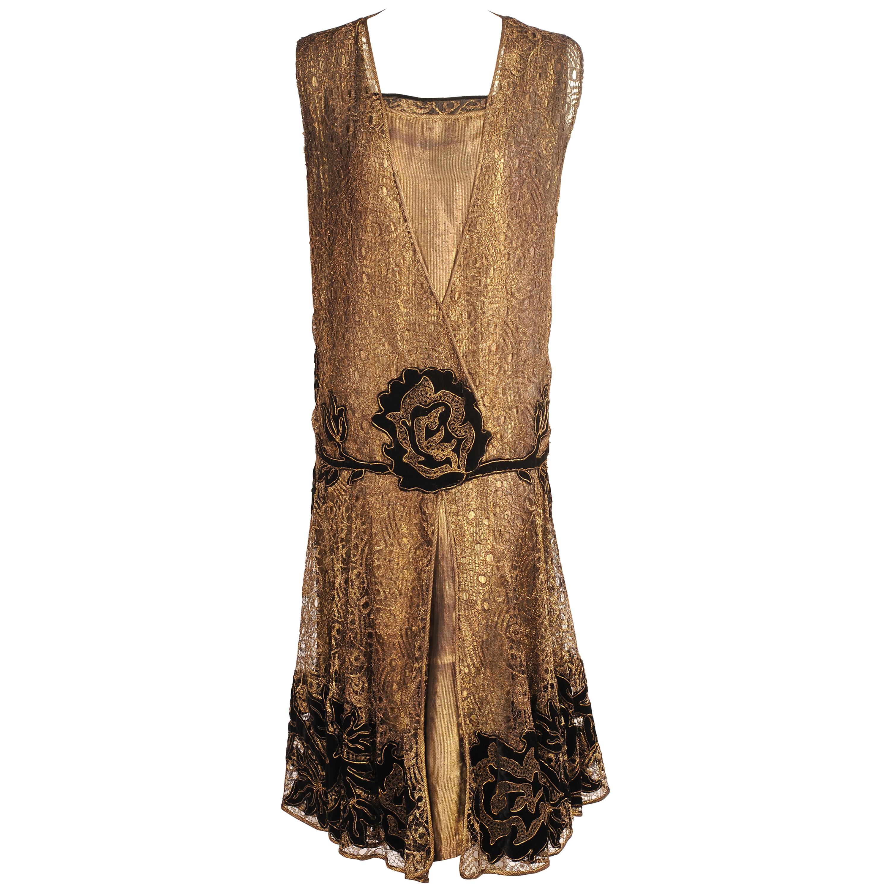 French Metallic Gold Lace Flapper Dress Black Velvet Appliques 1920's