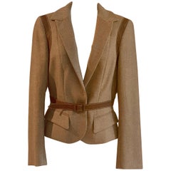 Alexander McQueen 2007 Tan Leather Trim Metallic Accent Tweed Blazer Jacket