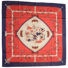 Vintage Hermes Les Becanes (The Bicyclists) Red, White & Blue Silk Scarf by Hugo Grygkar