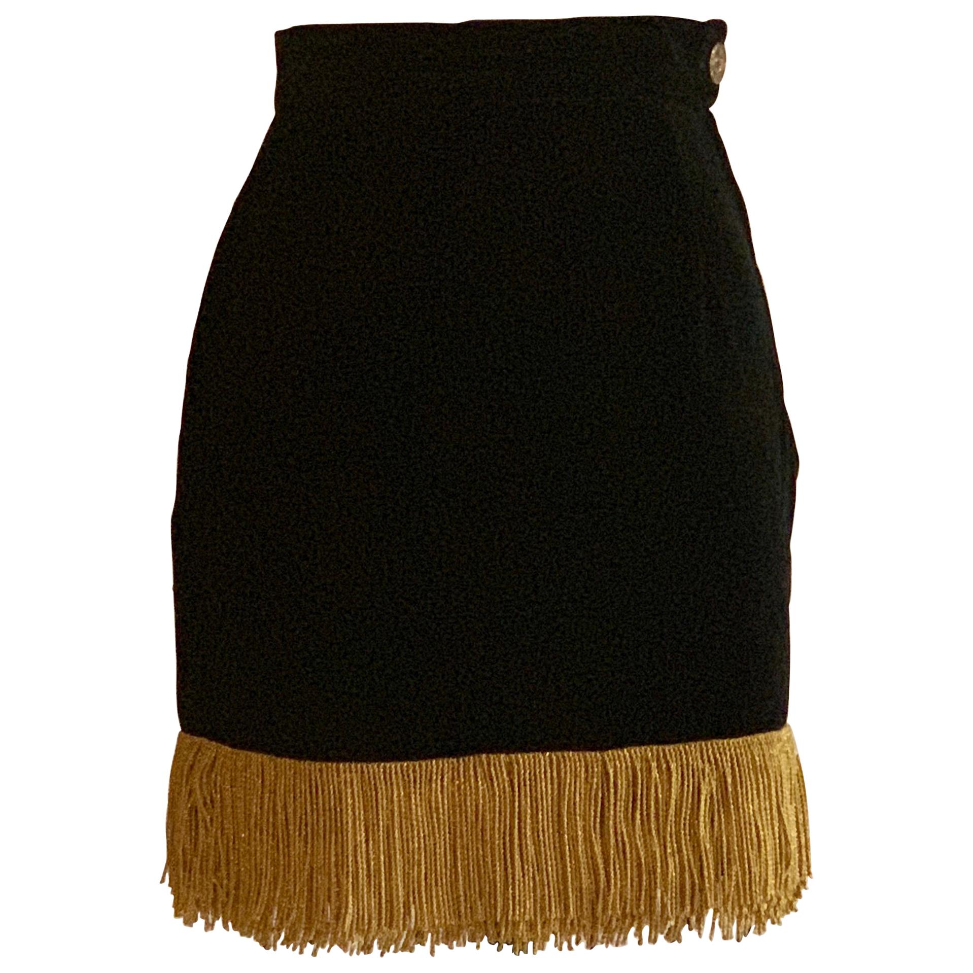 Moschino 1990s Black Velvet Pencil Skirt with Gold Fringe Trim