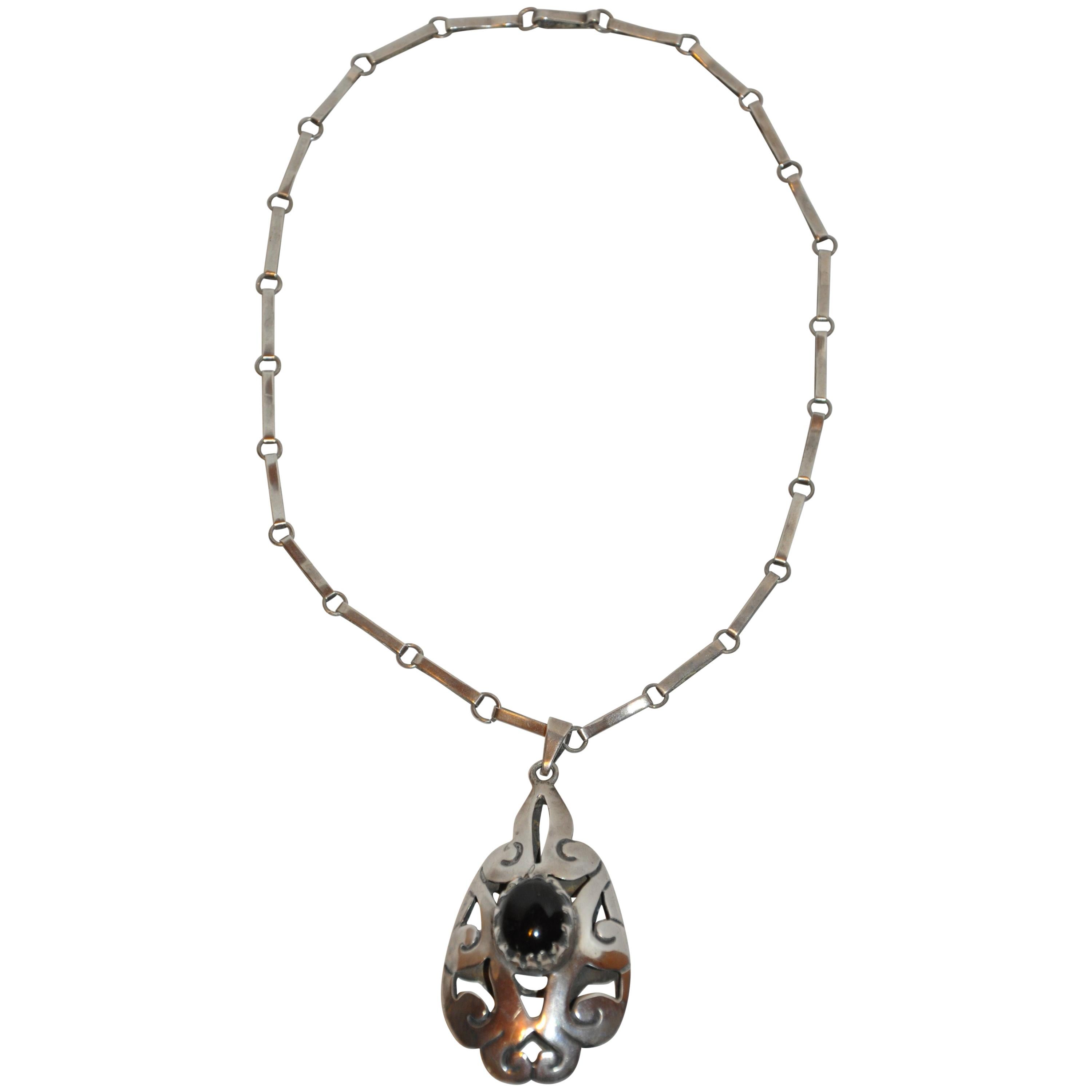 "J.H.S." Huge Abstract Silver 925 with Black Onyx Pendant with Necklace For Sale