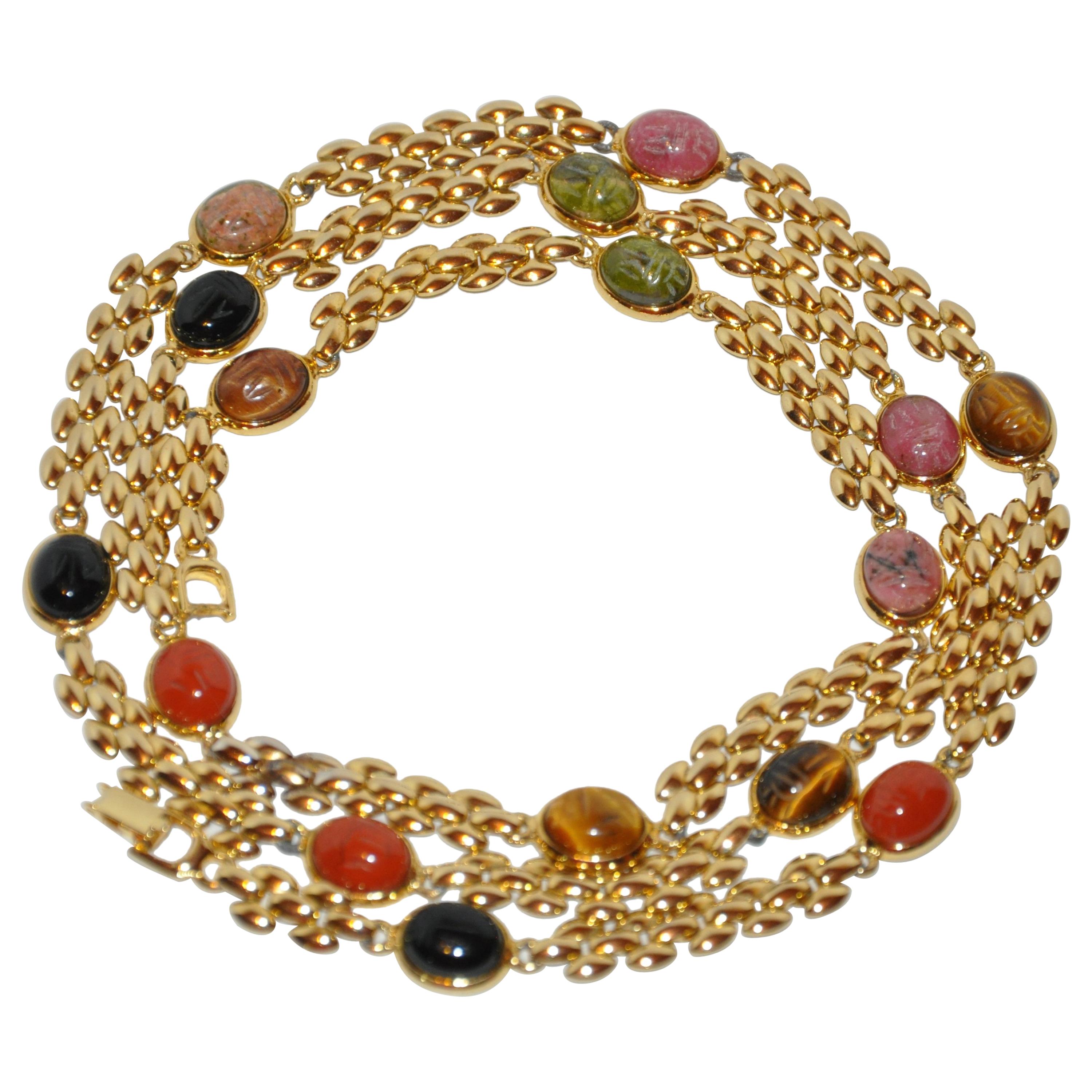 Gilded Gold Vermeil Hardware with Multi-Color Etched Scrab Necklace For Sale