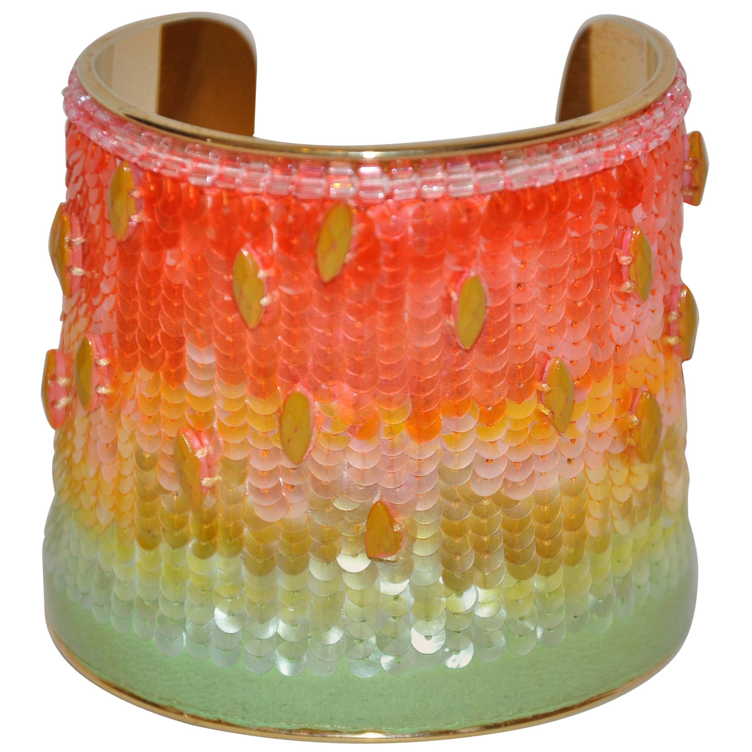 Rare Iconic Lesage Micro-Beaded Micro-Sequined "Rainbow" with Lambskin Wide Cuff