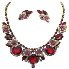 Circa 1960 Juliana Red Faceted Glass and Rhinestone Necklace and Earring Set 