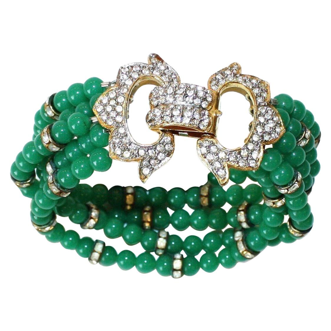 Circa 1960s K.J.L. Green Glass Bead and Rhinestone Bracelet 