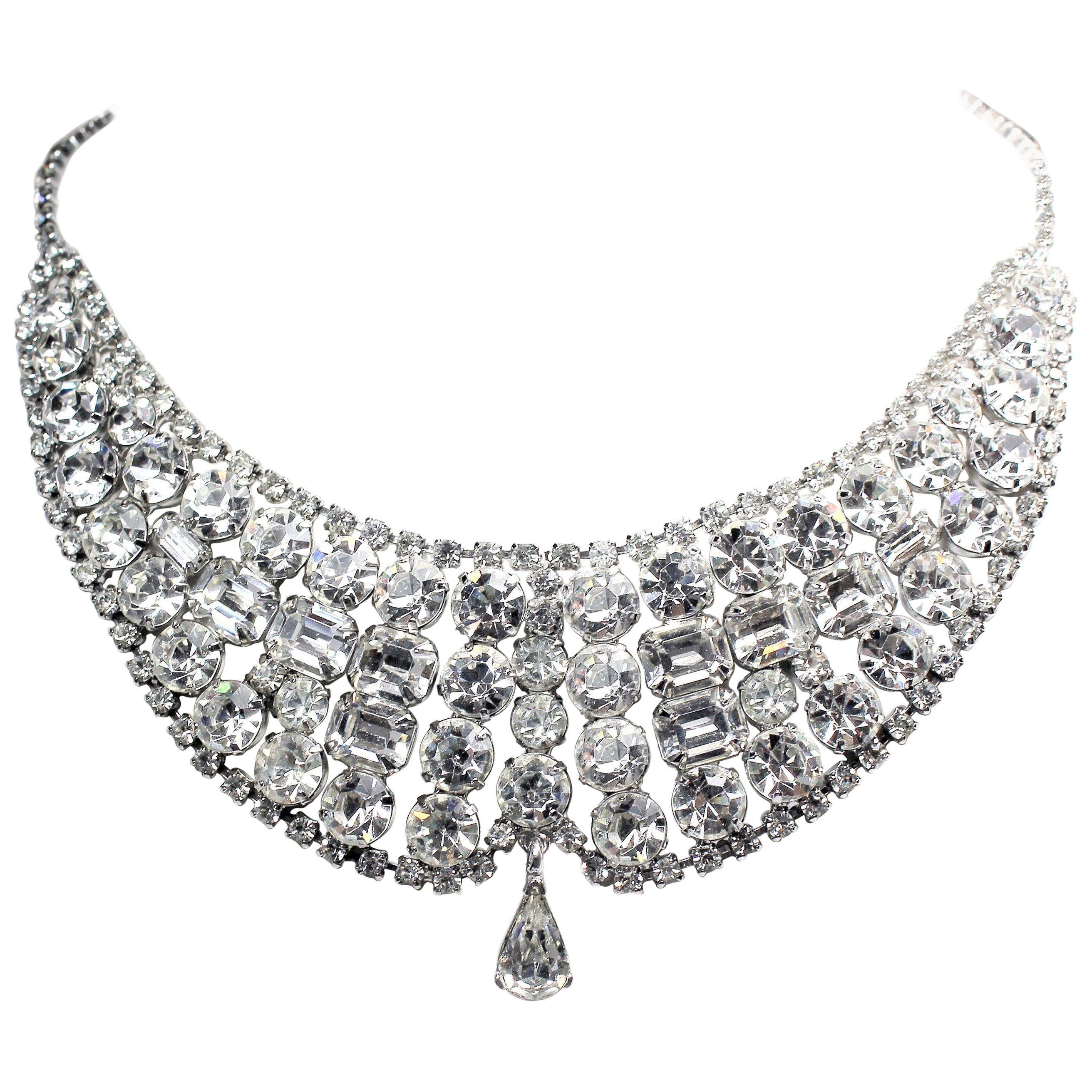 Circa 1950s Clear Faceted Crystal Cocktail Necklace For Sale