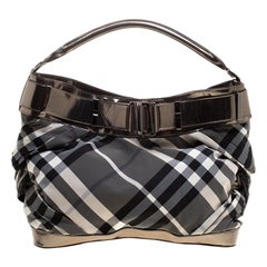 Burberry Metallic Grey Beat Check Nylon and Leather Shoulder Bag