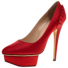 Charlotte Olympia Red Satin Paloma Fan Pleat Platform Pumps Size 37.5