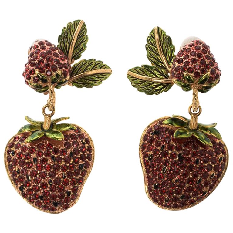 Dolce and Gabbana Big Strawberry Crystal Gold Tone Clip-on Drop Earrings