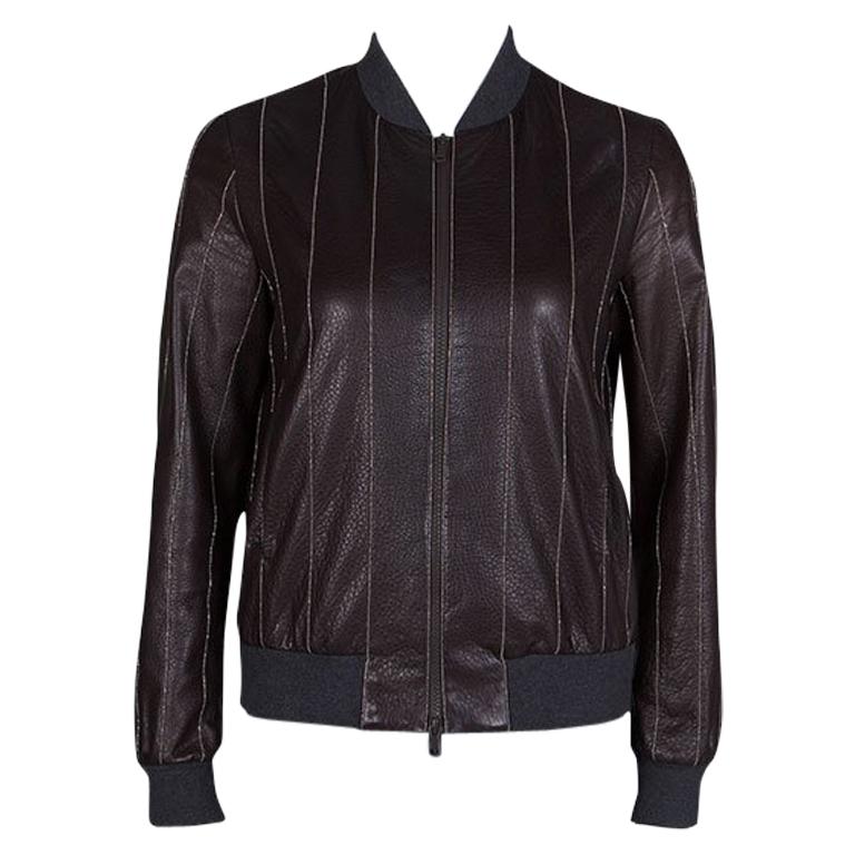 Brunello Cucinelli Brown Leather Embellished Zip Front Bomber Jacket S