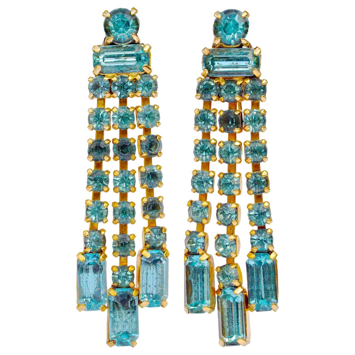 Gold Plated and Aqua Blue Rhinestone Dangle Earrings, circa 1950s 