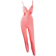 S/S 1992 Gianni Versace Pin-Up Pink Knit Bows Plunging Catsuit Jumpsuit