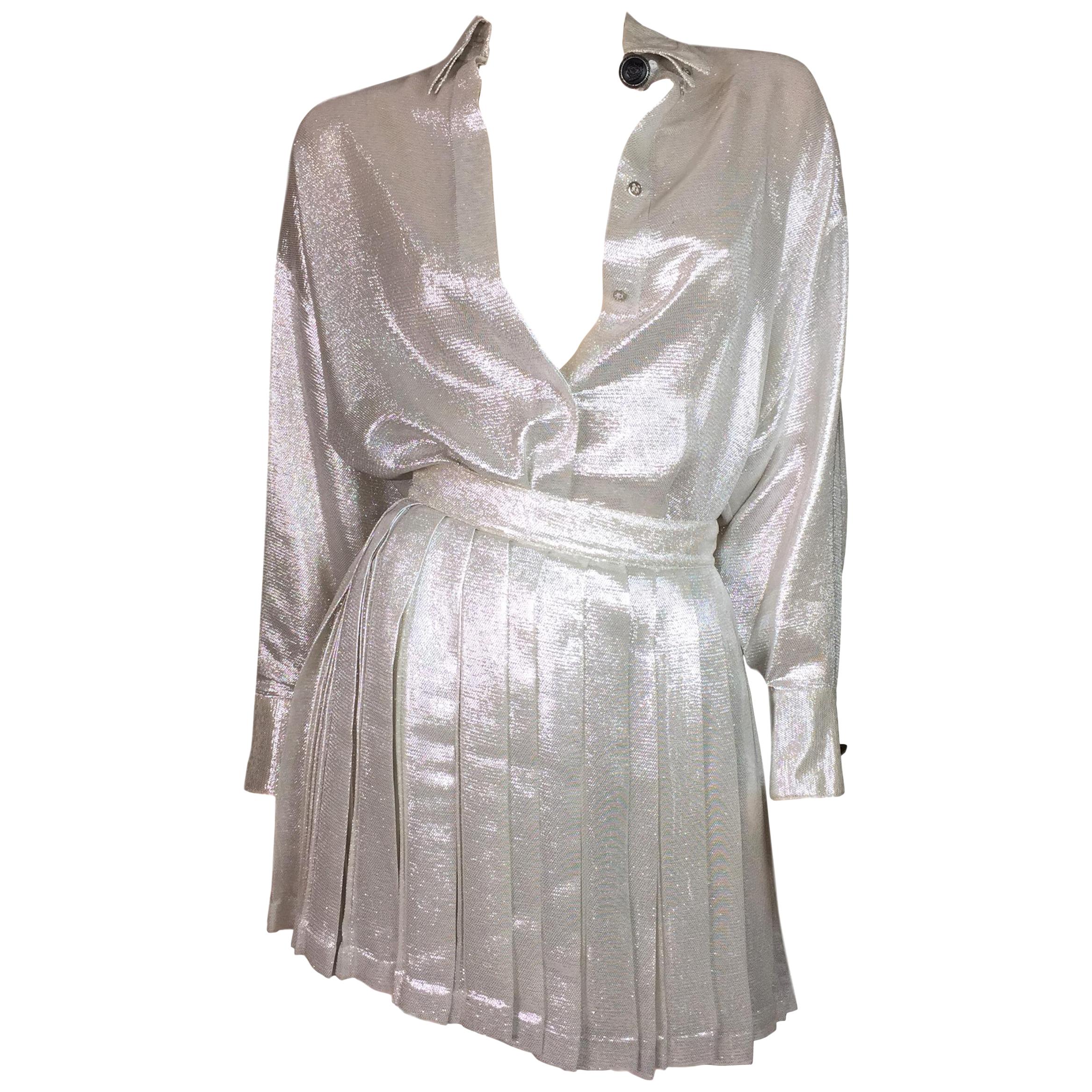 S/S 1994 Gianni Versace Silver Button Down Blouse 
Pleated Skirt Set