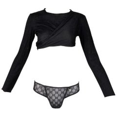 Unworn S/S 2001 Gucci by Tom Ford Runway Black Crop Top & Monogram Panty