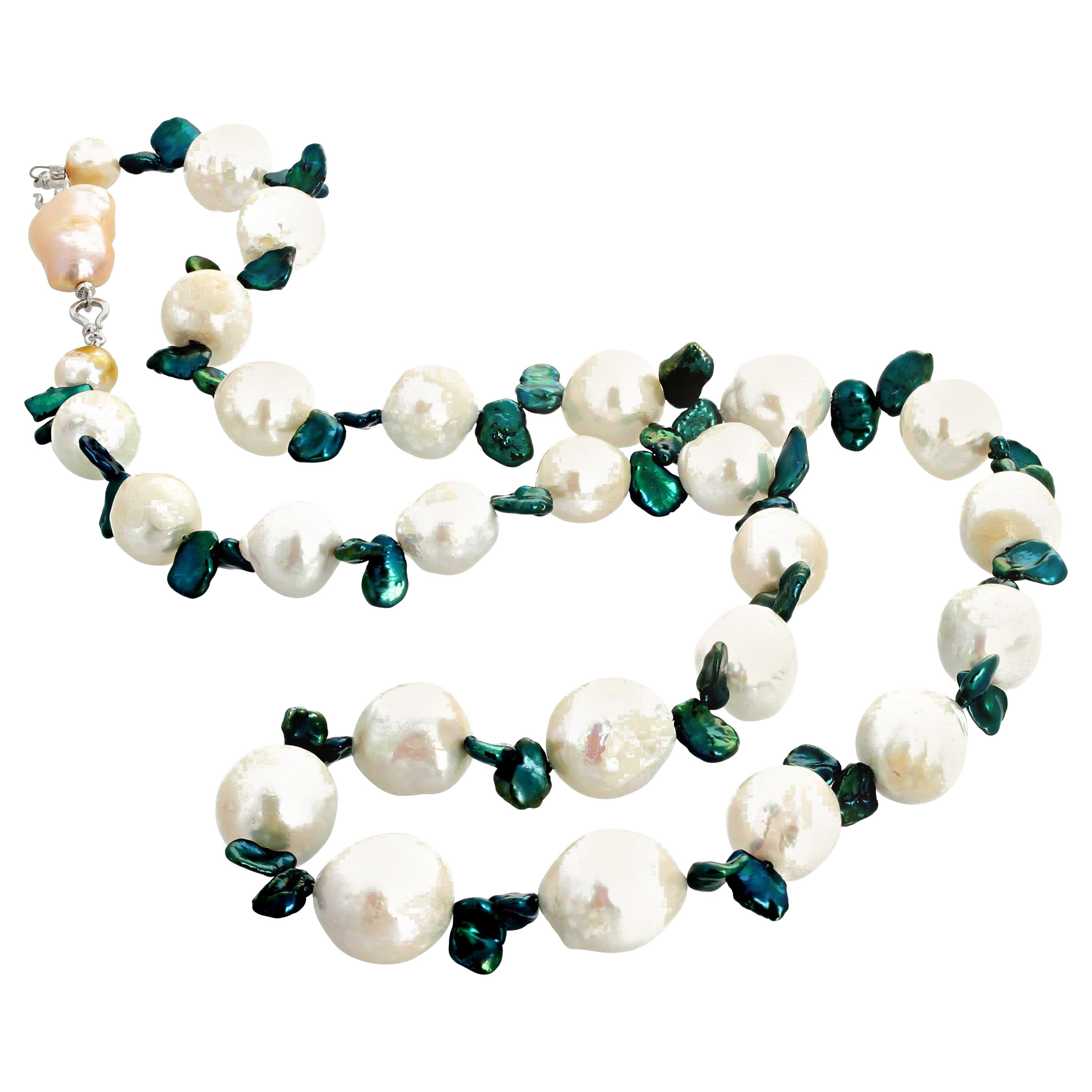 AJD Unique Rare 29" Long Cultured White & Peacock Pearl Necklace