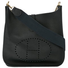 Hermes Black Leather Canvas "H" Logo Men's Women's Crossbody Shoulder Bag in Box