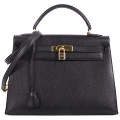 Hermes Kelly Handbag Black Ardennes with Gold Hardware 32