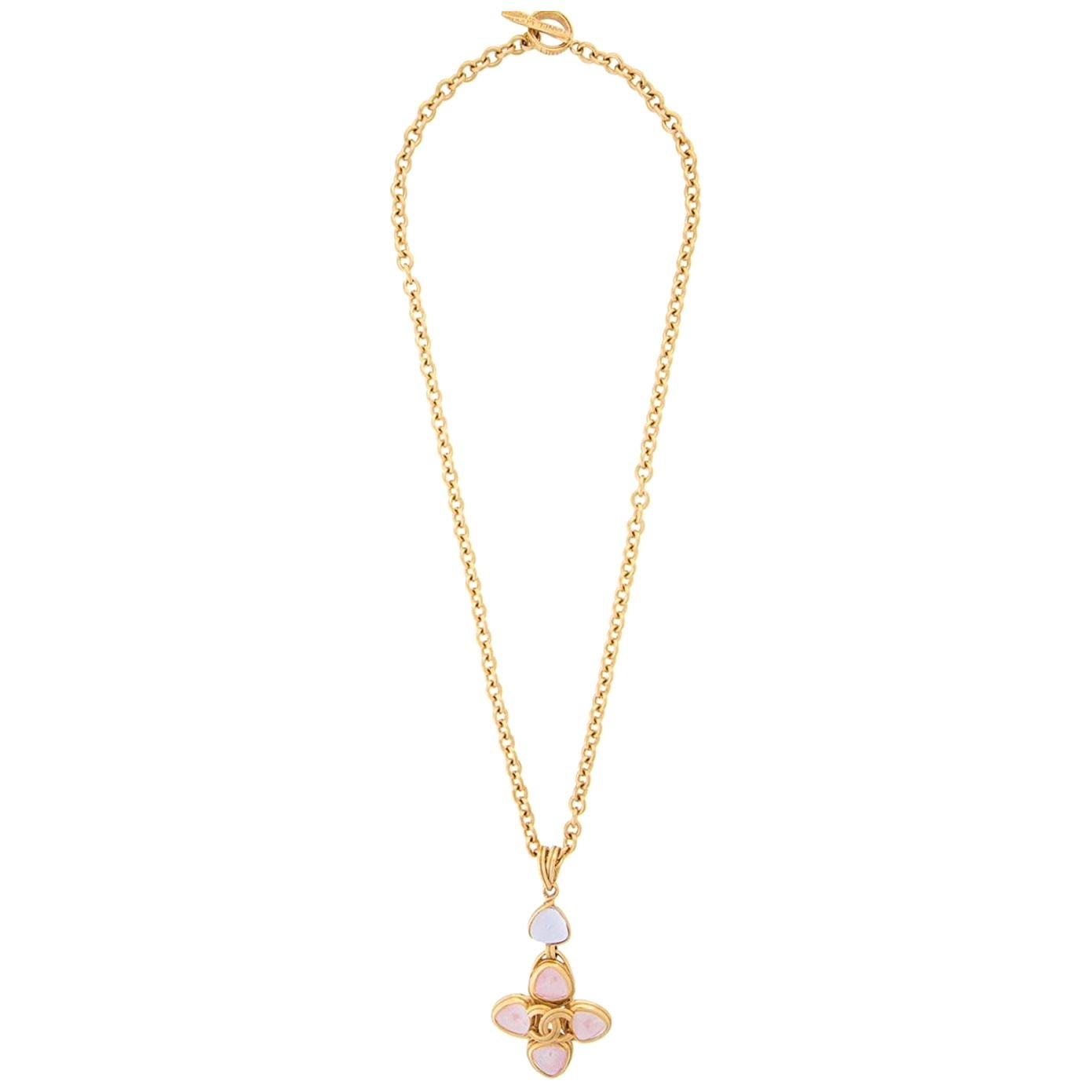 Chanel Gold Pink Blue Flower Charm Gripoix Evening Drape Drop Necklace 