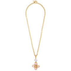 Chanel Gold Pink Blue Flower Charm Gripoix Evening Drape Drop Necklace 