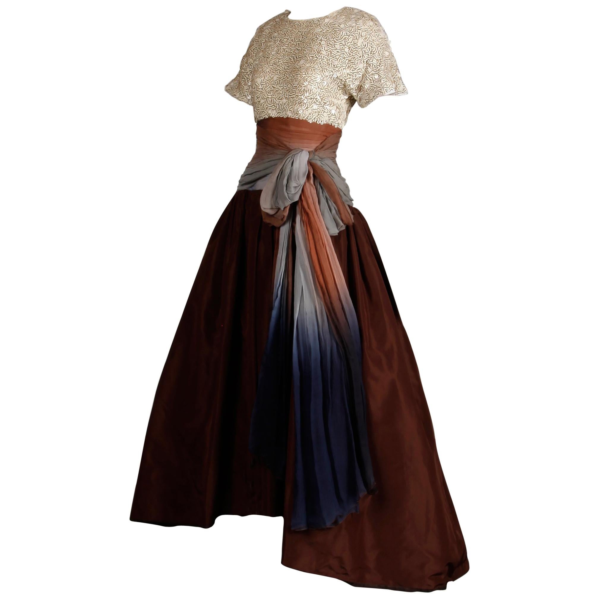 Peter Keppler Vintage Evening Gown/ Dress- Hand Dyed Ombre Silk + Sequins