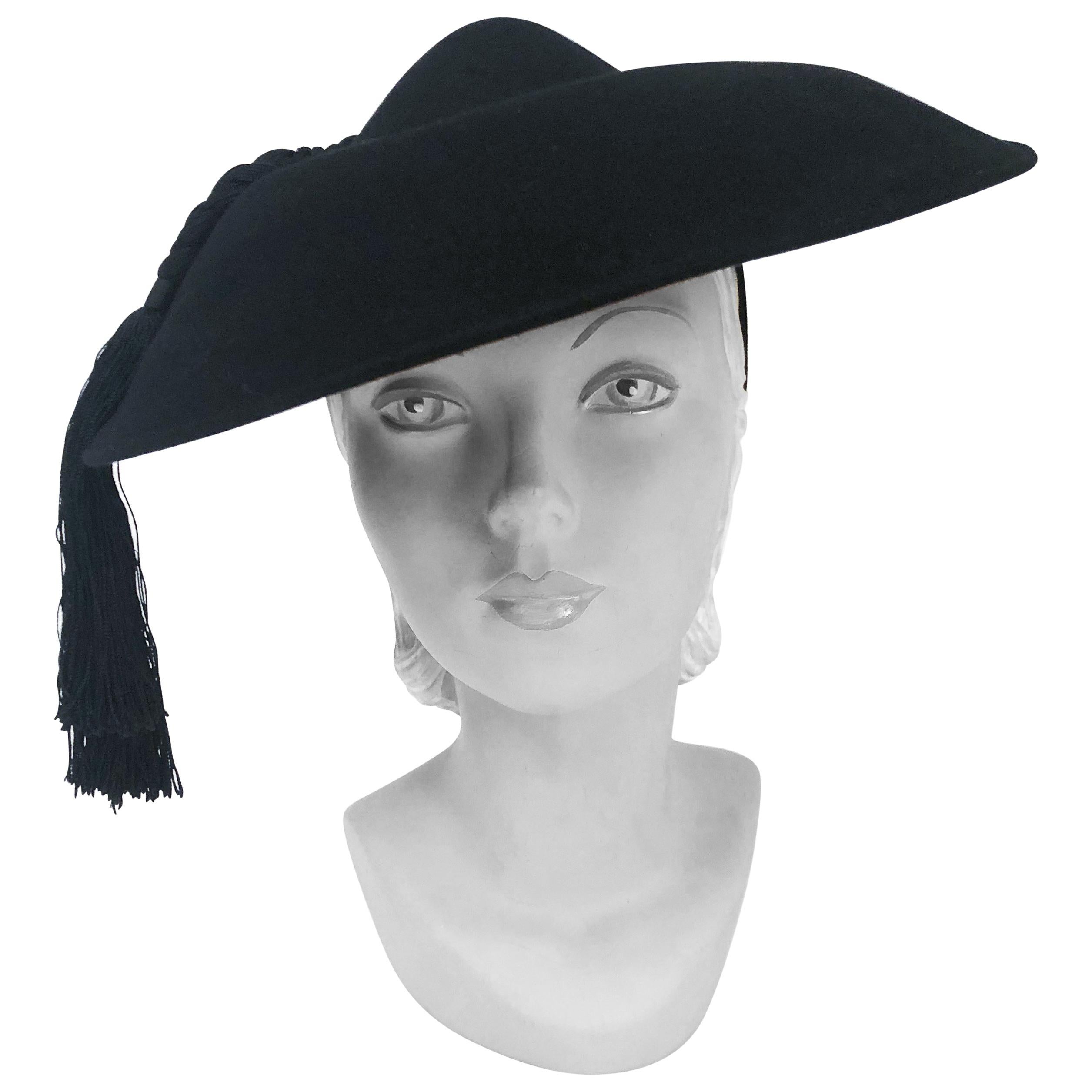 1940s Black Fur Felt Wide-Brimmed Hat With Silk Cord Tassels