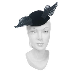 1930s Black Velvet Cocktail hat with Horsehair bows