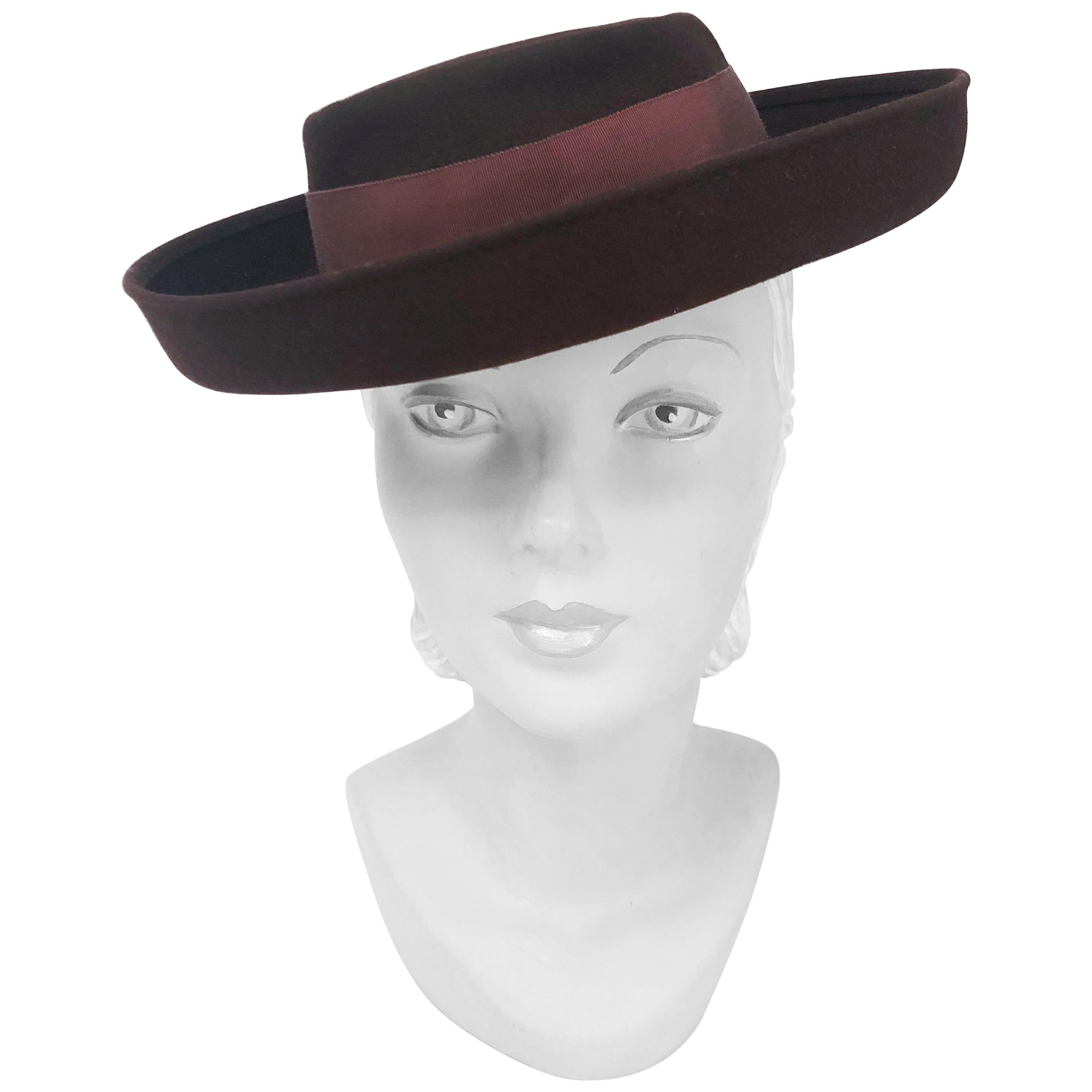 1940s Brown Fur Felt Perch Hat  For Sale