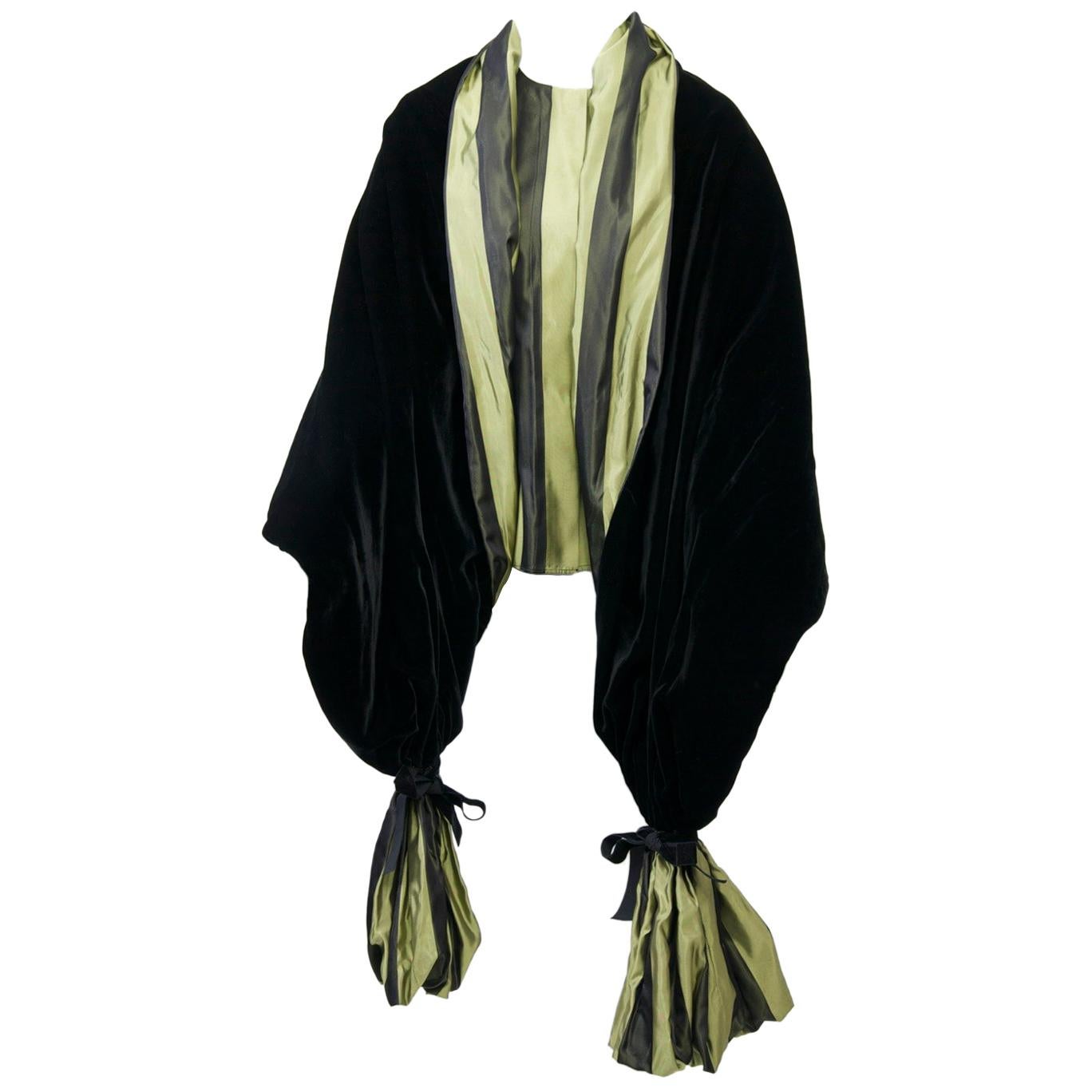 Striped Silk Blouse with Velvet Shawl