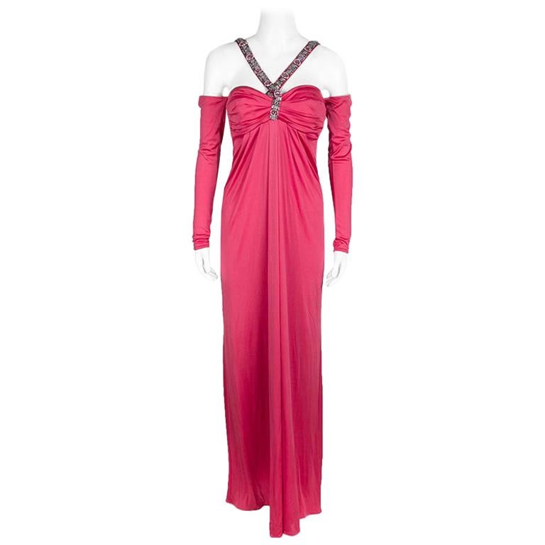 Blumarine Pink Knit Embellished Off Shoulder Maxi Dress M