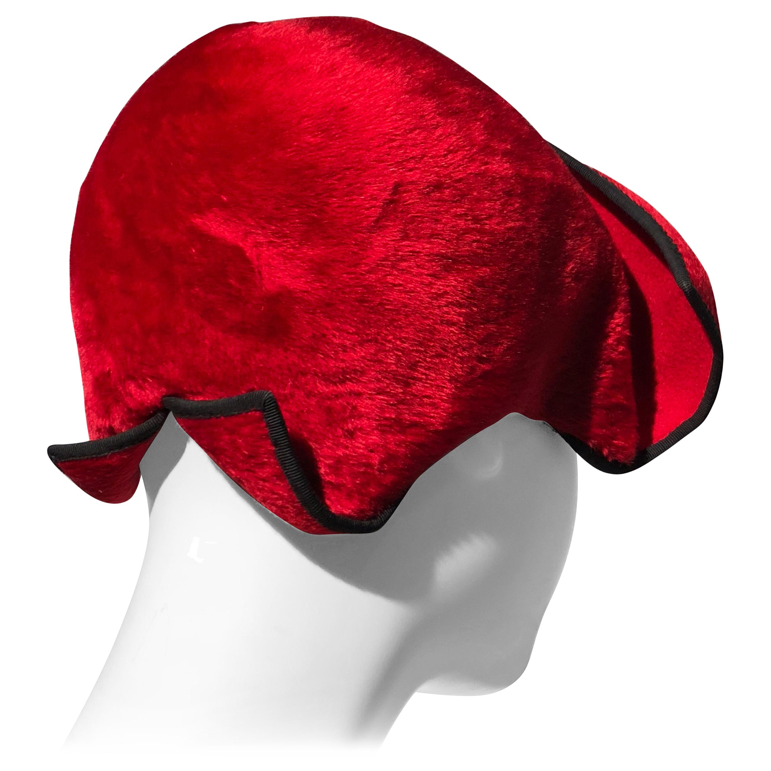 1950s John Frederics Cardinal Red Fur Felt Cloche Hat W/ Black Trim 