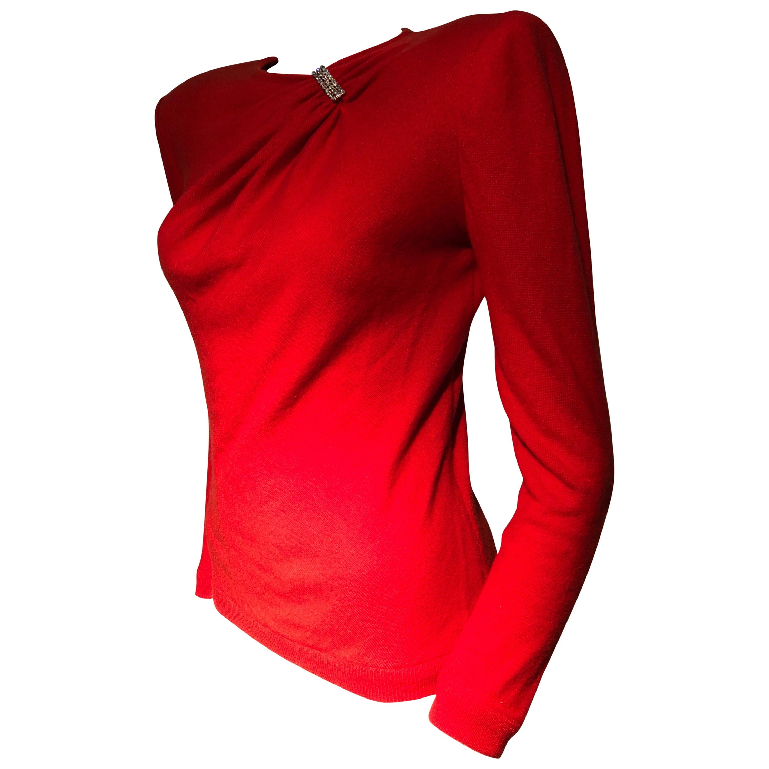 1980s Valentine Red Wool Knit Top W/ Structured Shoulders & Rhinestone Detail