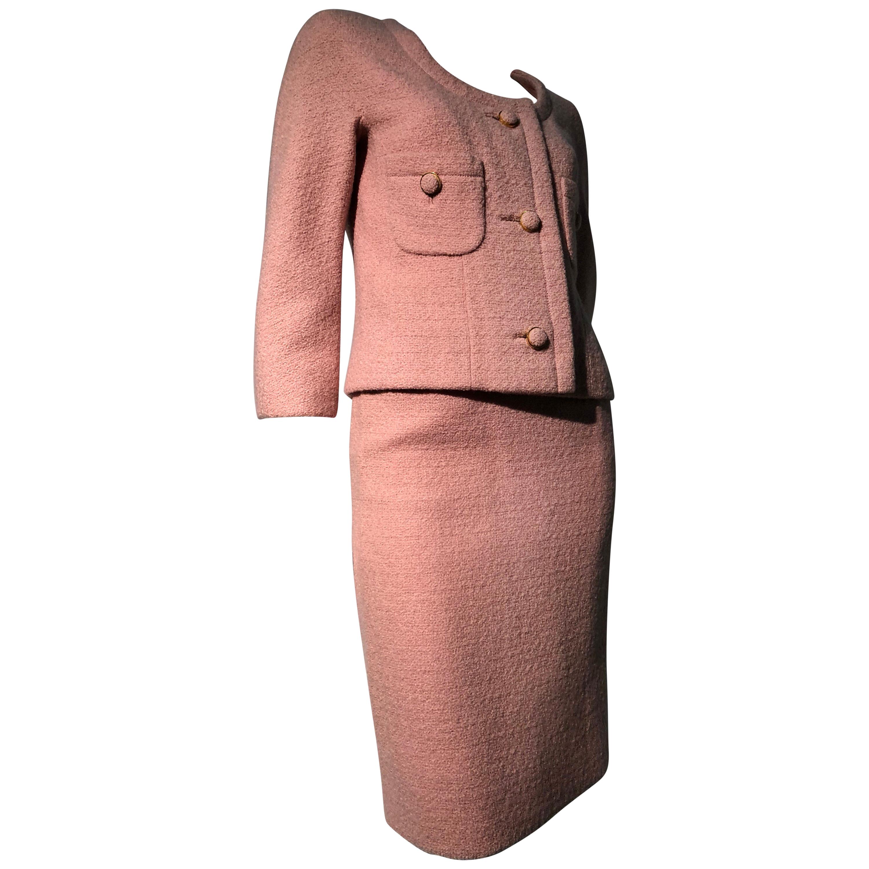 1960s Christian Dior Dusty Rose Spring Weight Wool Bouclé Mini Skirt Suit