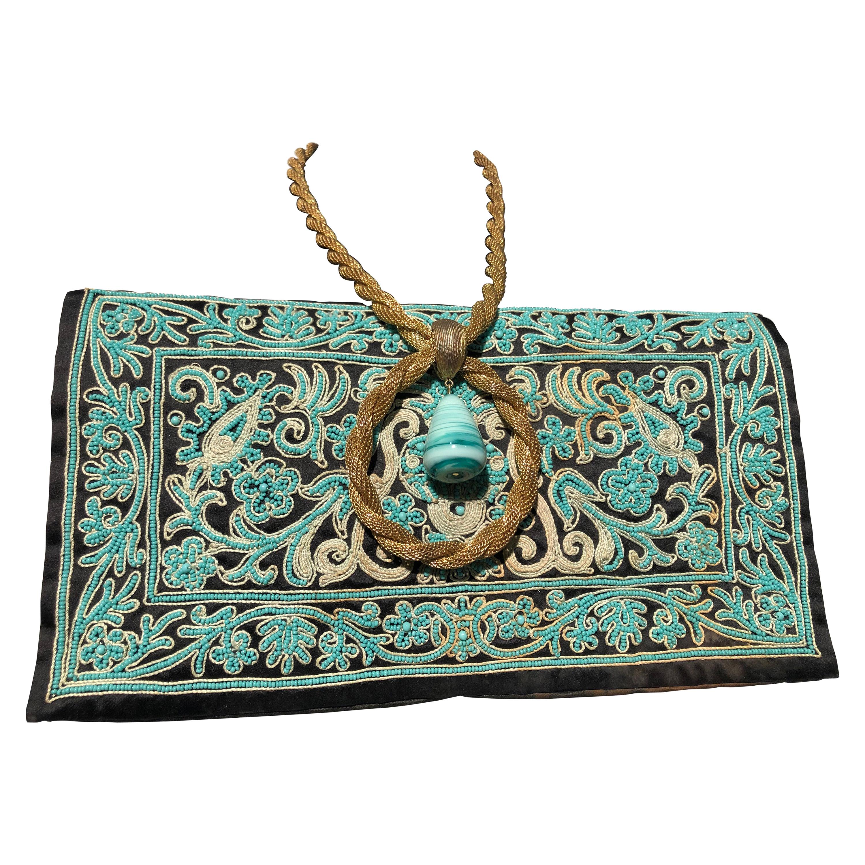 1940s Henry Rosenfeld Turquoise & Gold Embroidered Envelope Clutch W/ Necklace 