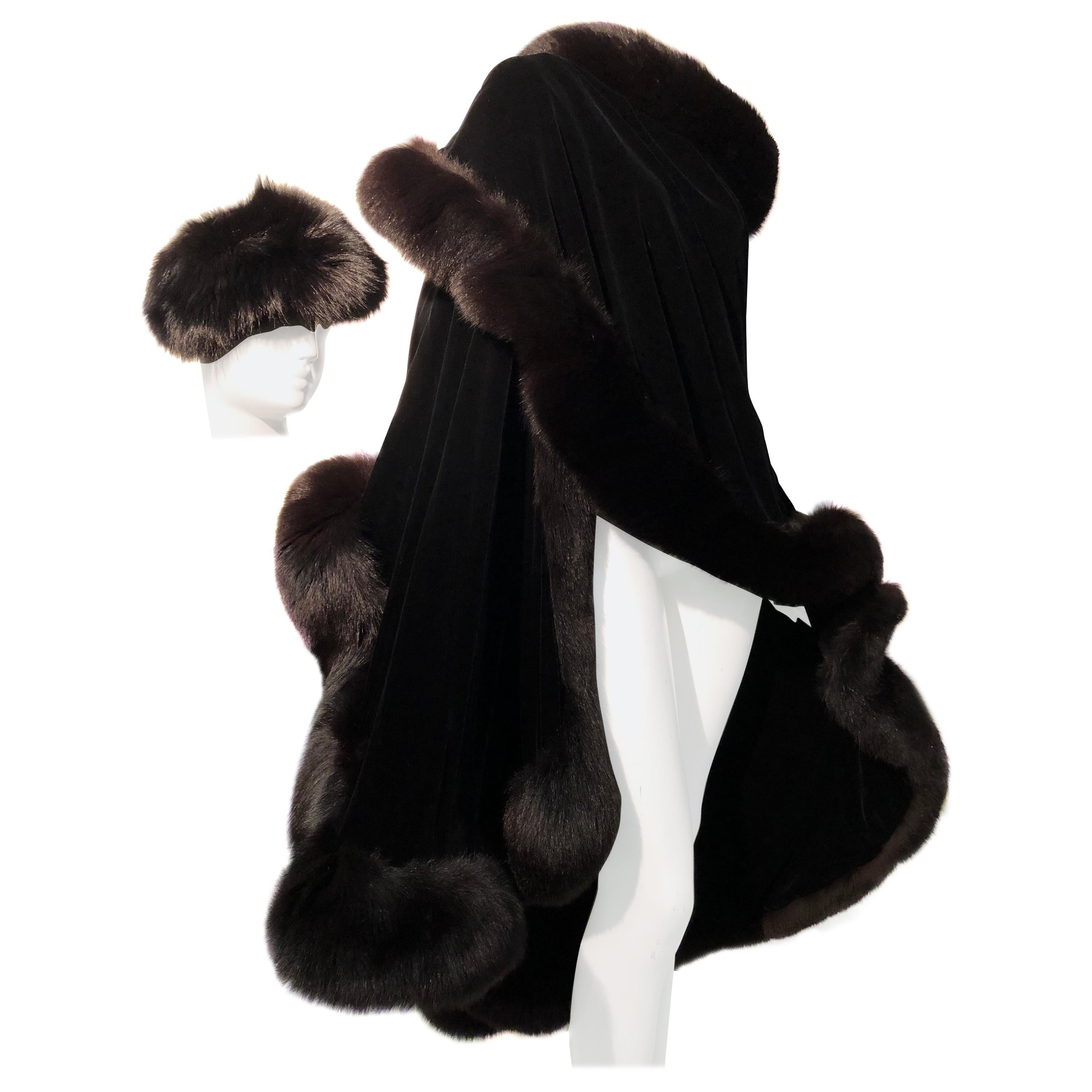 Halston Luxurious Black Silk Velvet Fox Fur Cape & Fox Fur Hat Ensemble