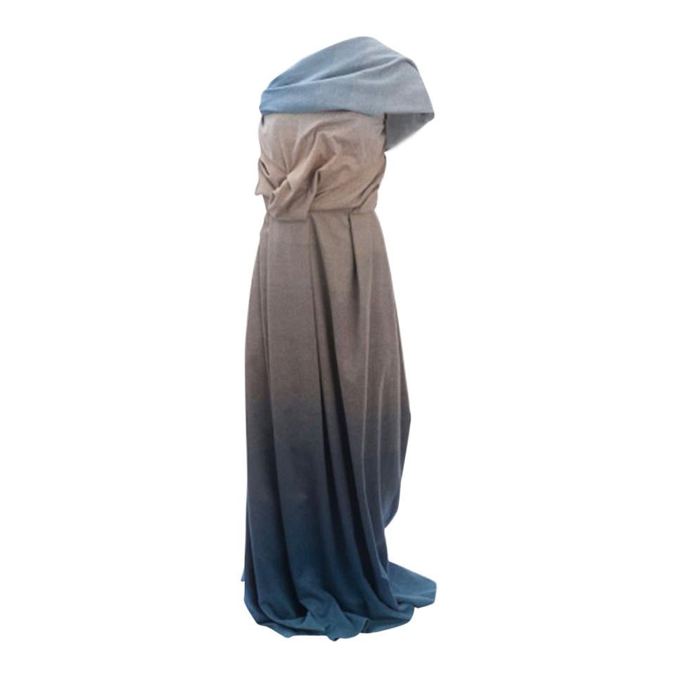 Louis Vuitton Langes Kleid aus Kaschmir und Seide in Blau, Beige, Grau, Größe 36