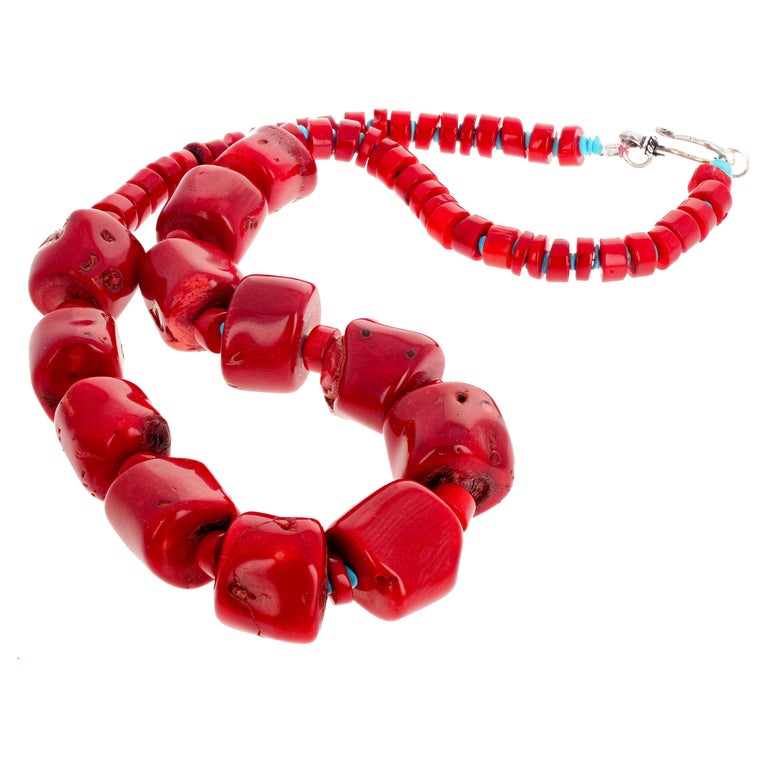 Red Bamboo Coral and Turquoise Necklace at 1stDibs
