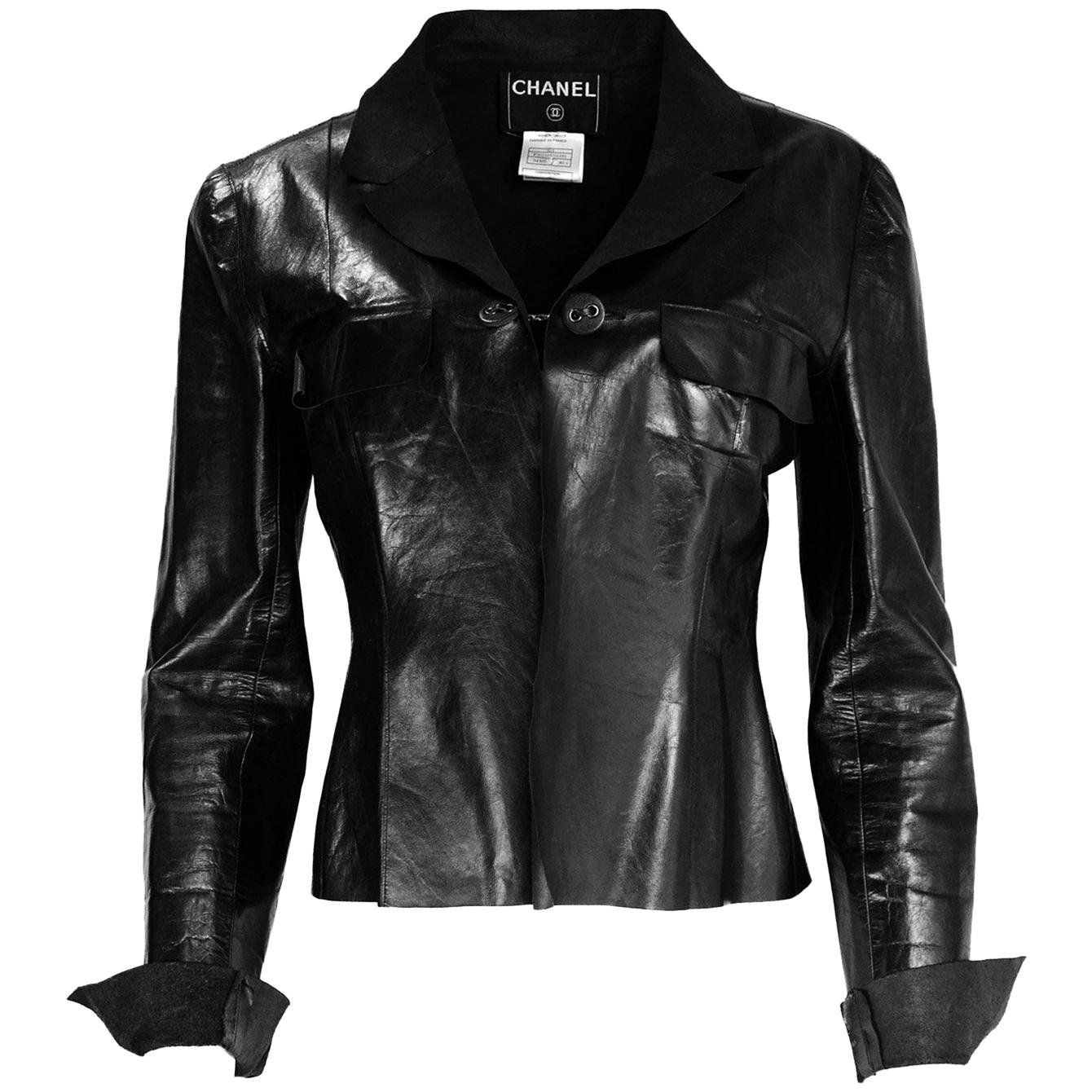 Chanel Vintage Black Distressed Leather Jacket/Blazer Sz 40 For Sale at ...