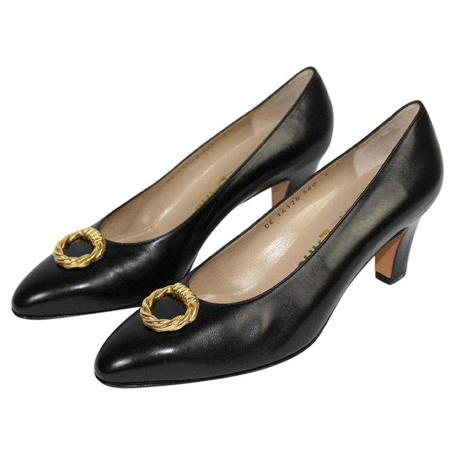 1980s Salvatore Ferragamo Black Leather Heel Pump Shoes NWT