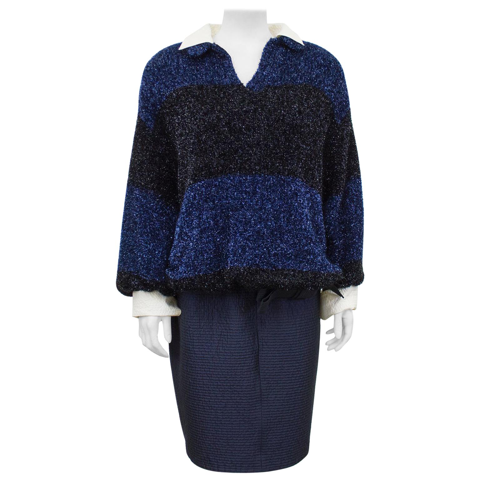 1980er Ferre Marineblaues Fuzzy Lurex-Oberteil und Rock