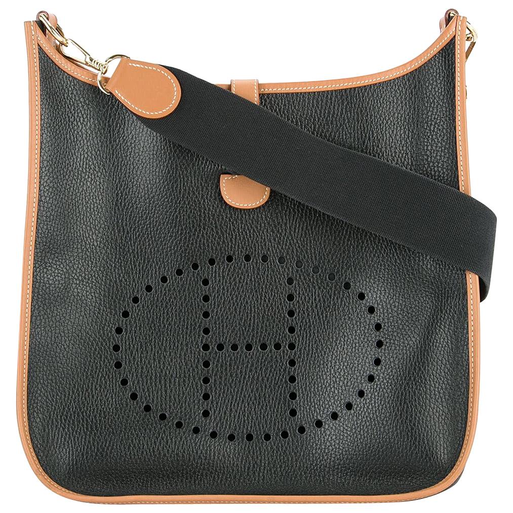 Hermes Black Cognac Leather Canvas "H" Logo Men's Women's Crossbody Shoulder Bag