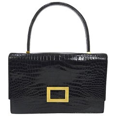 Hermes Black Leather Gold Emblem Evening Kelly Style Top Handle Satchel Bag