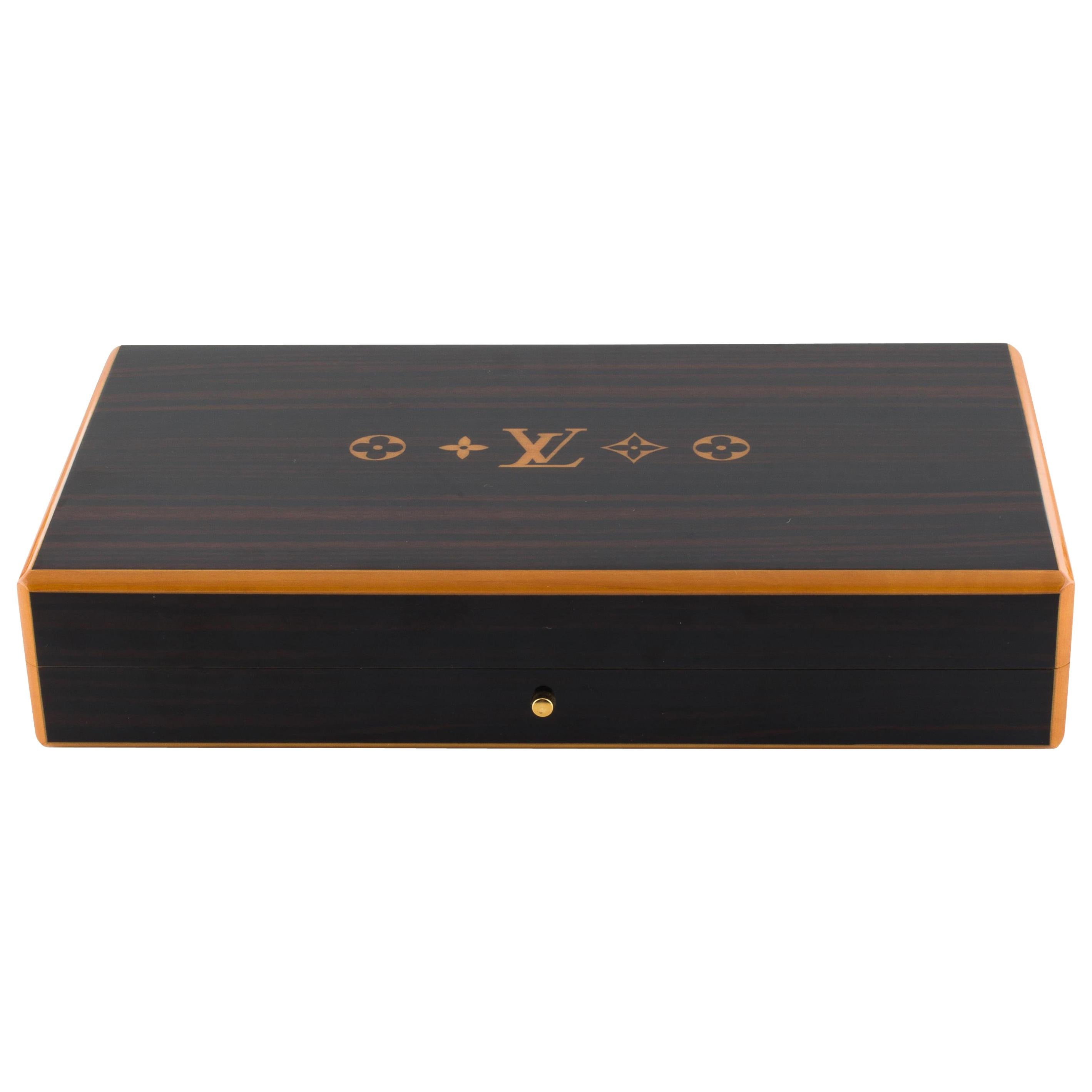 Louis Vuitton Men's Brown Wooden Gold Logo Cigar Storage Case Box