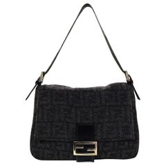 Fendi Grey Cashmere/Wool Mono Logo Print Zucca Mama Baguette Bag W/ FF Buckle