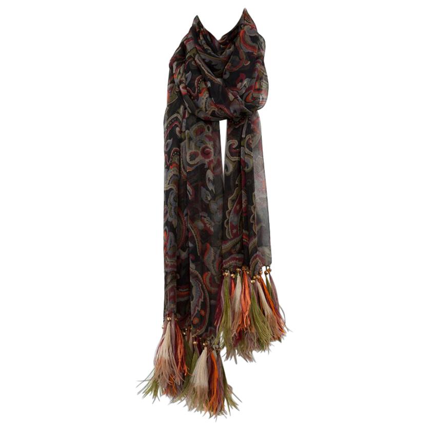 Yves Saint Laurent Attributed Printed Silk Chiffon & Feathers Scarf Stole For Sale