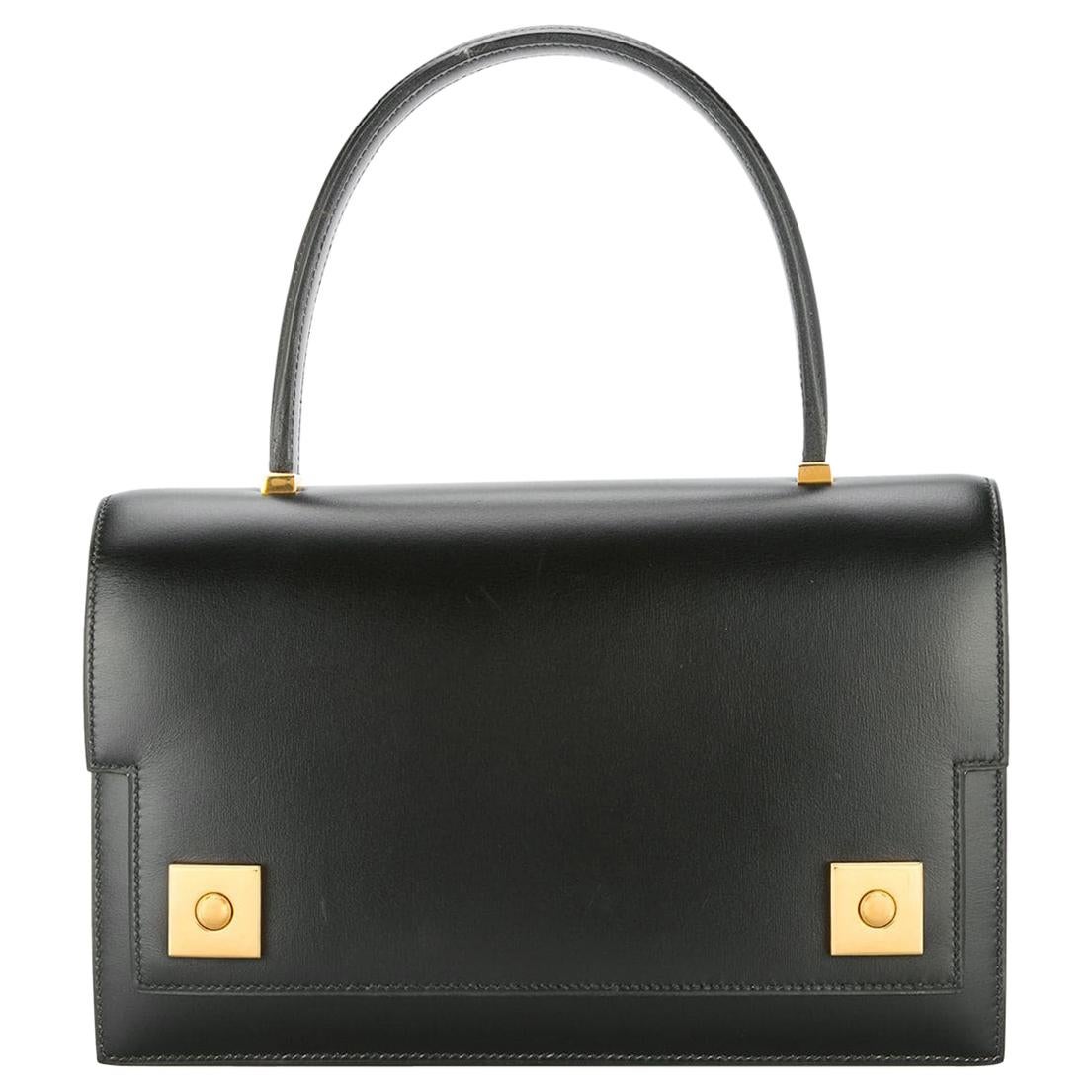 Hermes Black Leather Evening Gold Stud Top Handle Satchel Kelly Style Bag